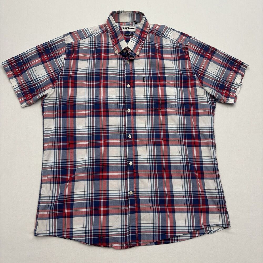 Barbour Shirt Mens Size L Classic Red Blue Tailored Fit Plaid S/S Button Down